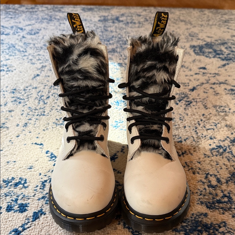 Dr. Martens Women's White and Black Fur Combat Boots